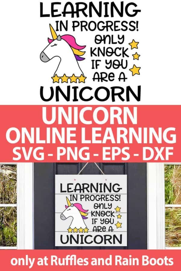 photo collage of Unicorn Online Learning warning sign cut file set for cricut or silhouette with text which reads unicorn online learning svg png eps dxf
