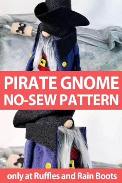 photo collage of easy pirate no-sew gnome pattern with text which reads pirate gnome no-sew pattern