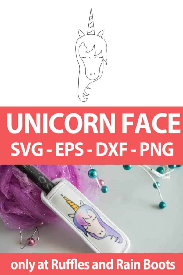 photo collage of face unicorn svg that kids can color using infusible ink pens with text which reads unicorn face svg eps dxf png