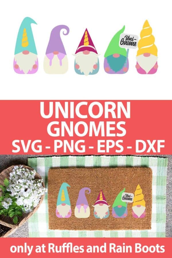 photo collage of unicorn gnome SVG set for cutting machines with text which reads unicorn gnomes svg png eps dxf