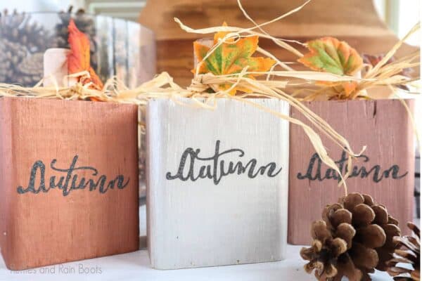 three wood pumpkins made using Autumn cut file for fall craft projects
