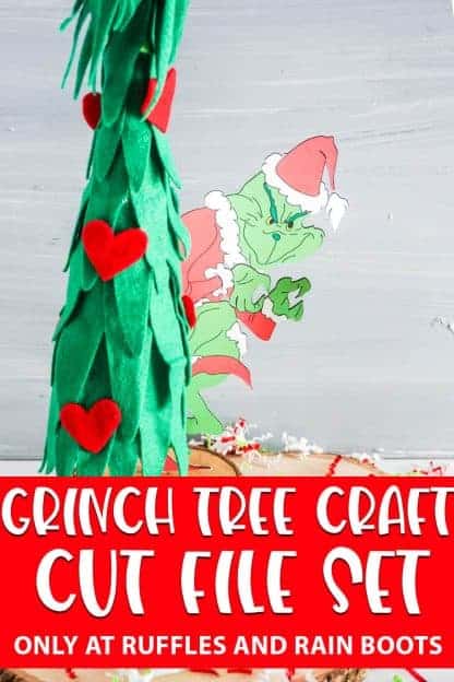cut file set for a diy grinch tree with text which reads grinch tree craft cut file set