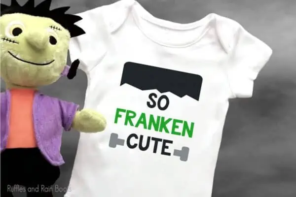 So Franken Cute cut file for halloween crafts on a baby onesie with a frankenstein stuffed animal