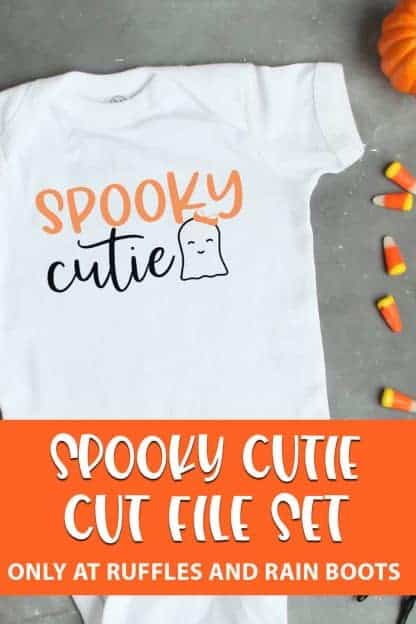 Spooky Cutie cut file for cricut or silhouette on a baby onesie with text which reads spooky cutie cut file set