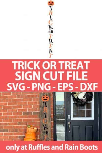 photo collage of Trick or Treat halloween porch Sign cut file set with text which reads trick or treat sign cut file svg png eps dxf