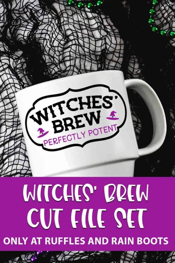 Witches brew cut file set for cricut or silhouette on a mug with text which reads witches' brew cut file set