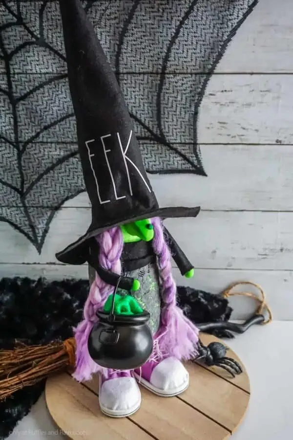 a no sew witch gnome pattern with hat body tennis gnome shoes braids