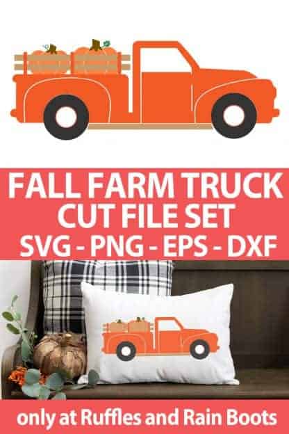 photo collage of fall farm truck with pumpkins SVG cut file set with text which reads fall farm truck cut file set svg png eps dxf