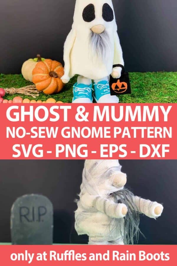 photo collage of ghost and mummy gnome pattern set with cut files for cutting machines with text which reads ghost & mummy no-sew gnome pattern svg png eps dxf