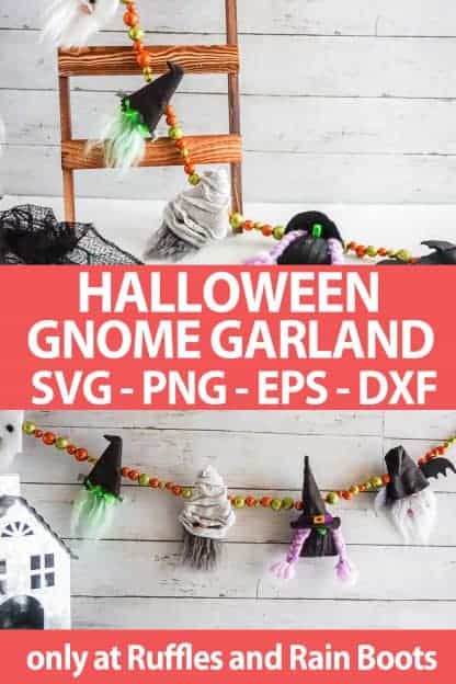 photo collage of halloween gnome garland pattern and SVG file set for cricut or silhouette with text wchich reads halloween gnome garland svg png eps dxf