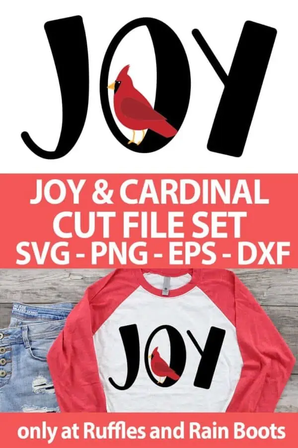 photo collage of cardinal and joy cut file set for cricut or silhouette with text which reads joy & cardinal cut file set svg png eps dxf