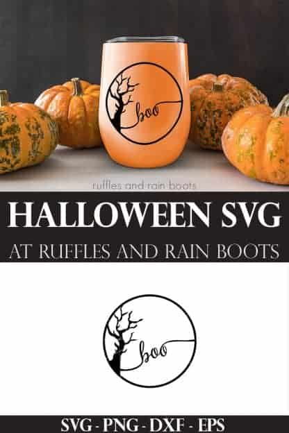 collage of Halloween SVG in black on orange tumbler with pumpkins and wood background
