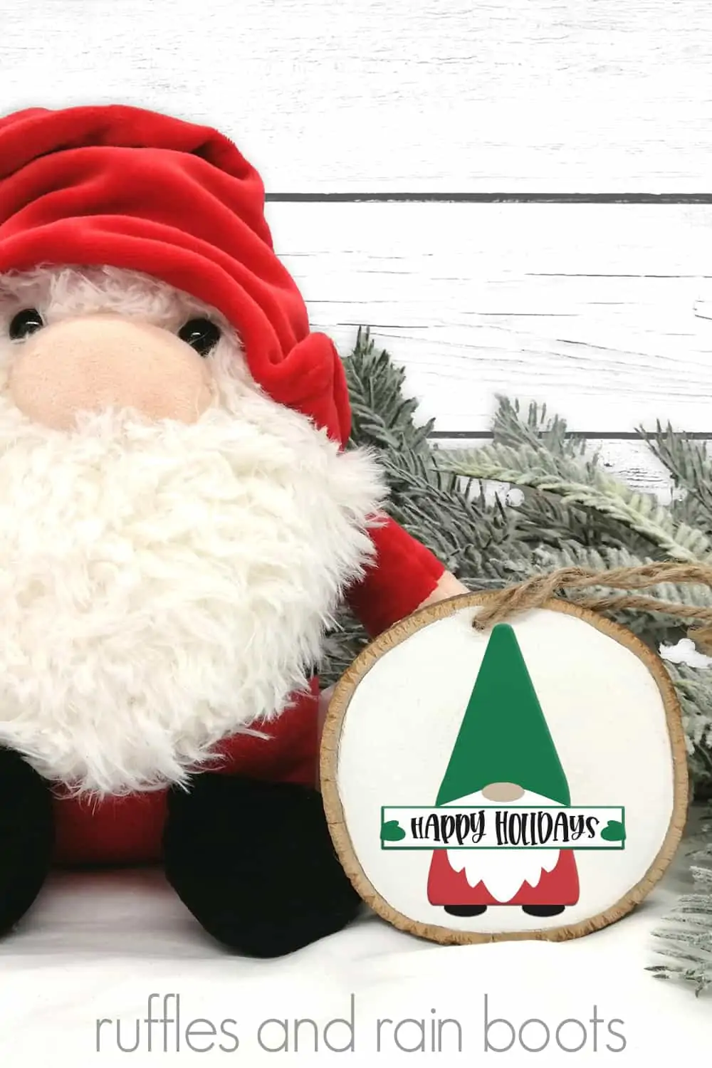 holiday background with large Santa holding an ornament with a Christmas gnome holding a sign cut file in red green and white