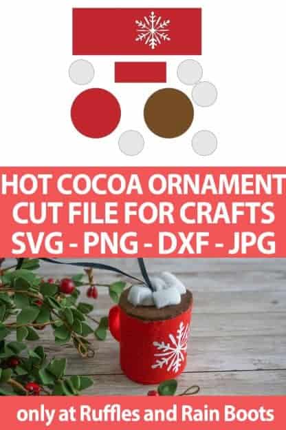 photo collage of diy christmas ornament hot cocoa craft for cricut or silhouette with text which reads hot cocoa ornament cut file for crafts svg png dxf jpg