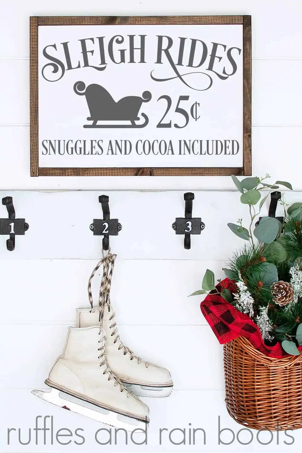 vertical image of sign with sleigh rides cut file illustration in gray with ice skates and basket hanging on white wood wall