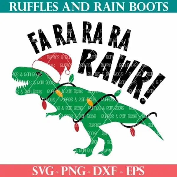 green t rex wrapped in Christmas lights wearing a Santa hat with text which reads fa ra ra ra rawr in bold black lettering