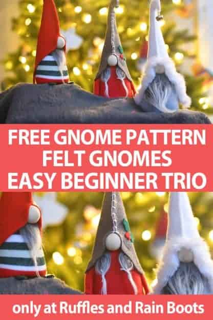 photo collage of free no-sew and sewing patterns for gnomes with text which reads free gnome pattern felt gnomes easy beginner trio