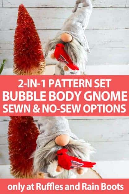 photo collage of diy gnome pattern with a curled hat with text which reads 2-in-1 pattern set bubble body gnome sewn & no-sew options