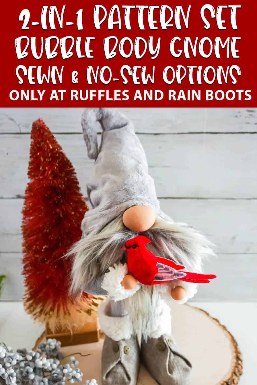 sewing pattern scandinavian gnome with sewn and no-sew options with text which reads 2-in-1 pattern set bubble body gnome sewn & no-sew options
