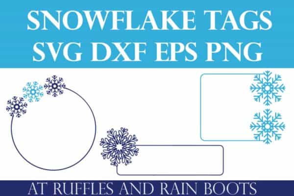 horizontal image in shades of blue featuring hand drawn snowflake svg files in tag and label form
