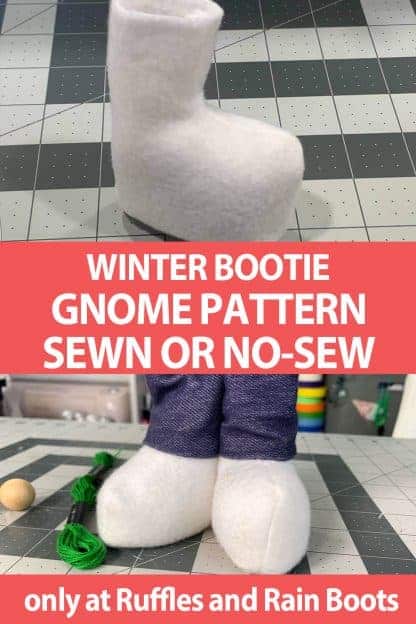 photo collage of gnome boot pattern no-sew or sewn with text which reads winter bootie gnome pattern sewn or no-sew