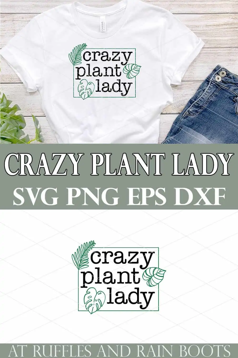 collage of crazy plant lady svg on white t shirt with jeans and wood background