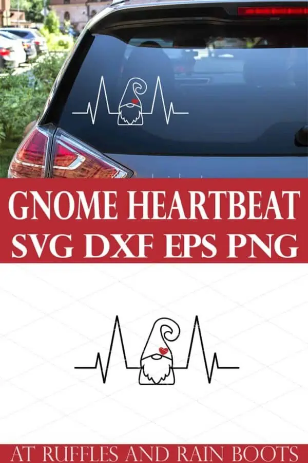 collage of gnome svg and mockup of gnome heartbeat in white on back of car window