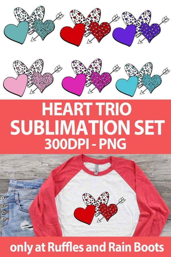 photo collage of cute valentines sublimation heart set with text which reads heart trio sublimation set 300 dpi png