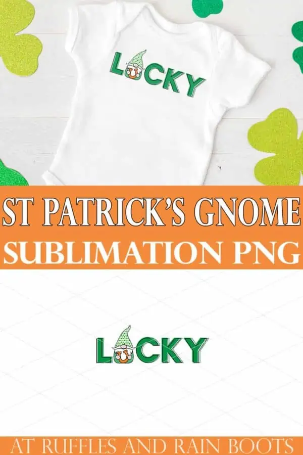 collage of lucky sublimation gnome on white bodysuit