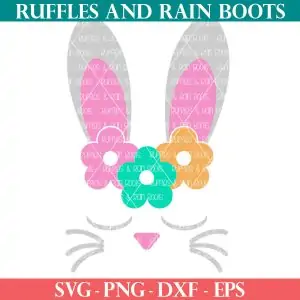 close up of gray pink green and orange sleepy bunny face svg