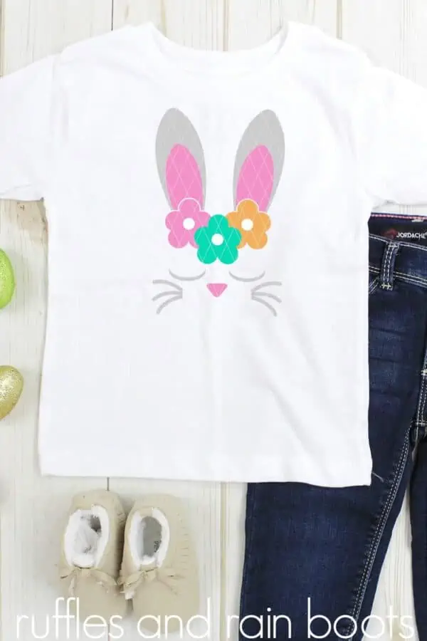 vertical image of Easter svg of bunny ears flower crown and sleepy bunny face with whiskers