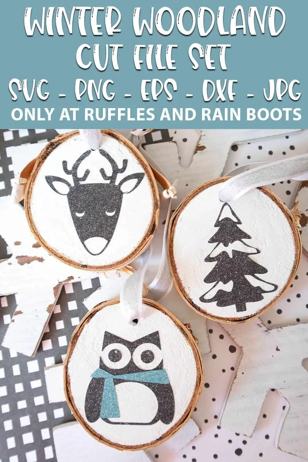 Winter Woodland Cut File Set on wood round ornaments with text which reads winter woodland cut file set svg png eps dxf jpg