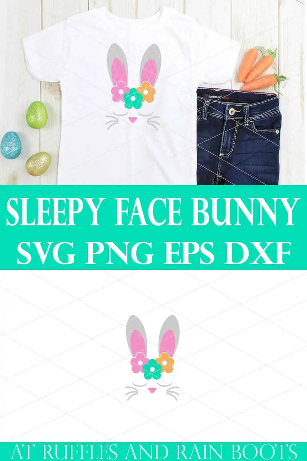 collage of bunny face svg and cut file on white t shirt on wood background