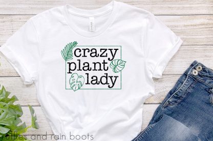 horizontal image of white t shirt and crazy plant lady cut file in black and green