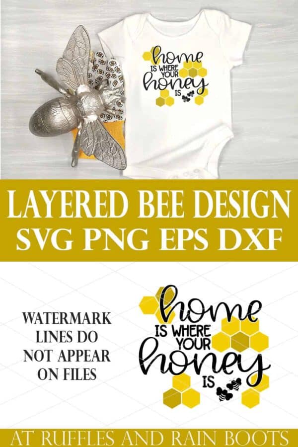vertical collage of white onesie with bee and home is where your honey is in vinyl