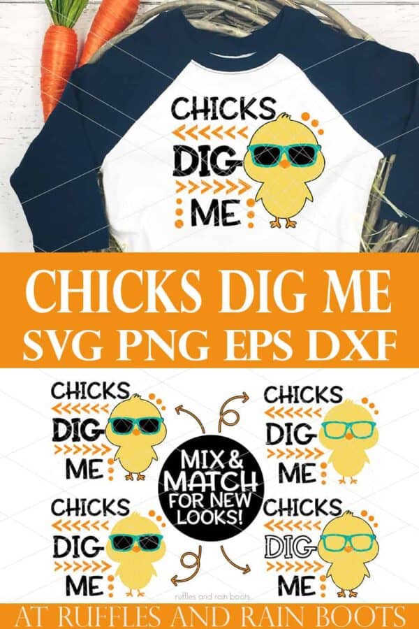 collage of chicks dig me svg on white raglan t shirt with blue sleeves on white background