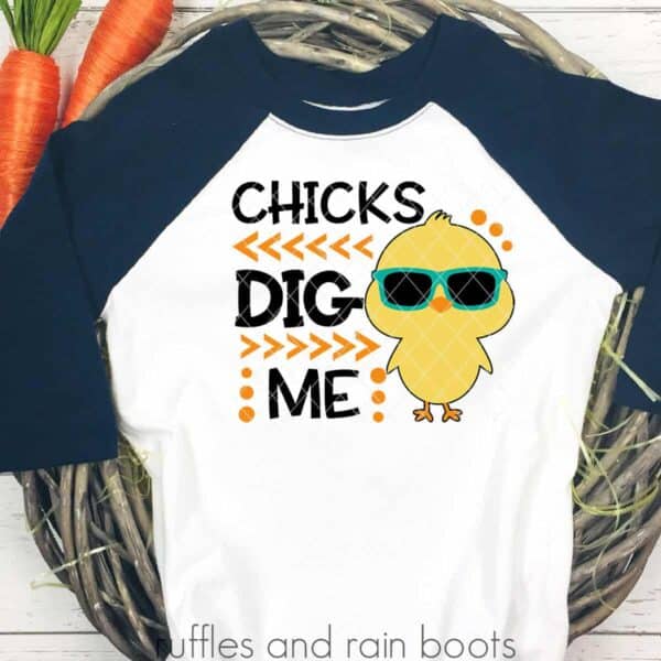 square cropped image of white raglan t shirt with blue sleeves and chicks dig me svg