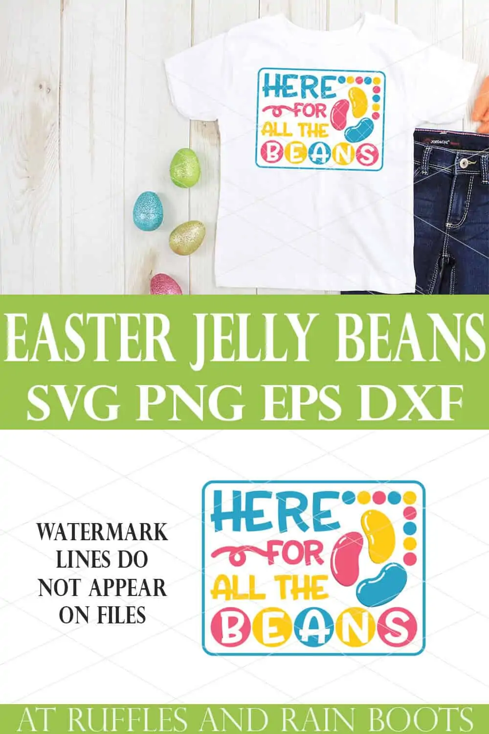 collage of white t shirt and jeans on wood background with easter eggs and here for the jelly beans easter design