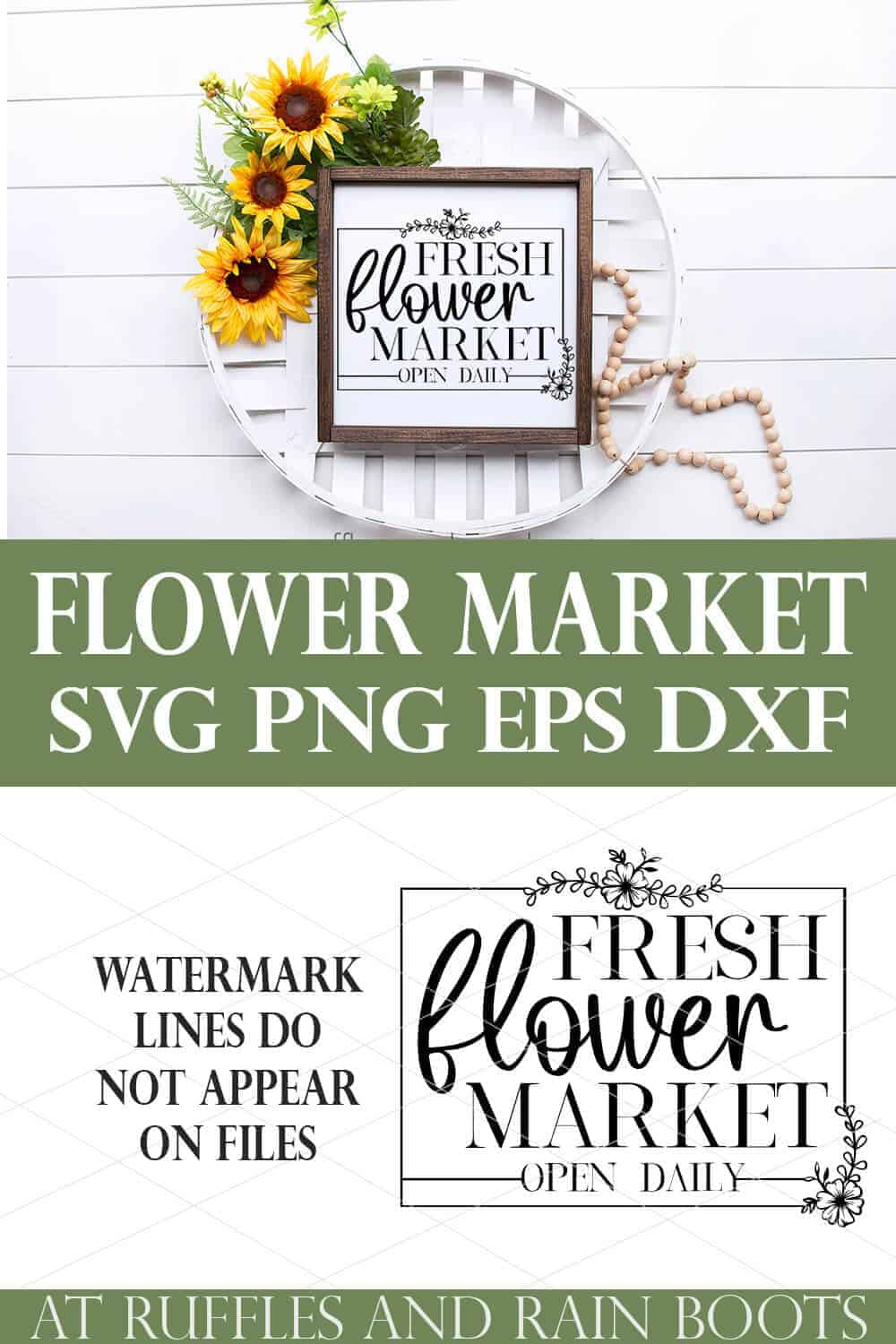 collage of flower svg on white frame with sunflowers and farmhouse style on wood background