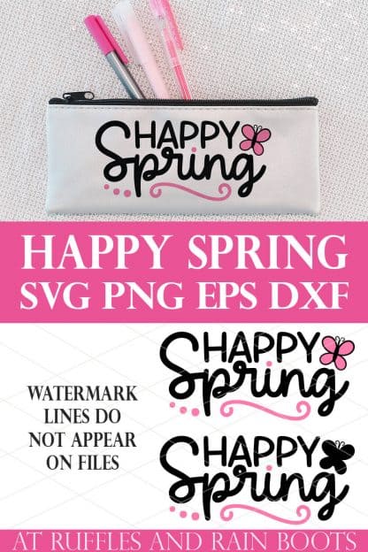 canvas pen pouch with black and pink Happy Spring SVG in vinyl on sequin background