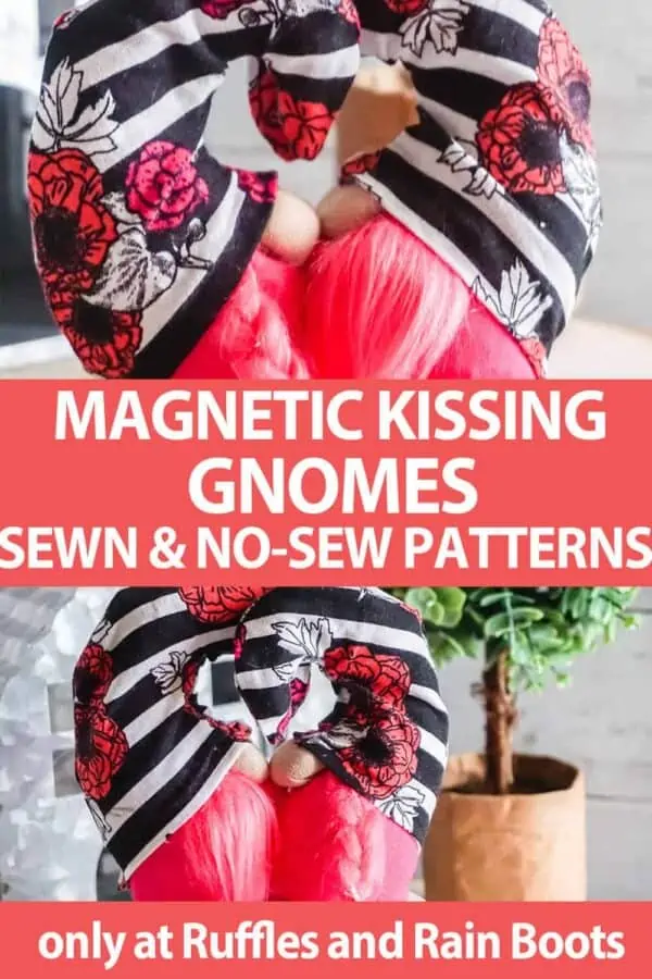 photo collage of miniature gnomes that kiss gnome pattern with text which reads magnetic kissing gnomes sewn & no-sew patterns