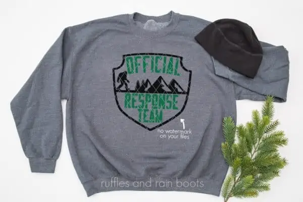 horizontal image of gray sweatshirt on white background with sasquatch and official response team cut file