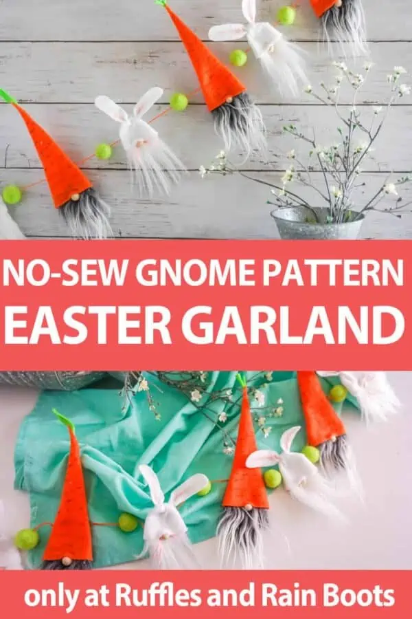 photo collage tutorial of No-Sew Easter Gnome Pattern for Garland with text which reads no-sew gnome pattern easter garland