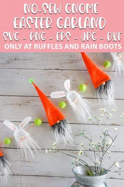 SVG file for cricut or silhouette to make an easter gnome garland with text which reads no-sew gnome easter garland svg png eps jpg dxf