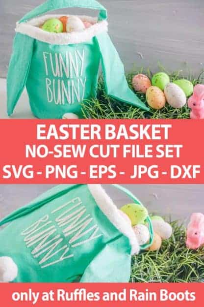 photo collage of no-sew easter egg basket with text which reads easter basket no-sew cut file set svg png eps jpg dxf