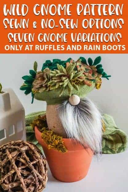 diy succulent gnome in a pot with text which reads wild gnome pattern sewn & no-sew options seven gnome variations