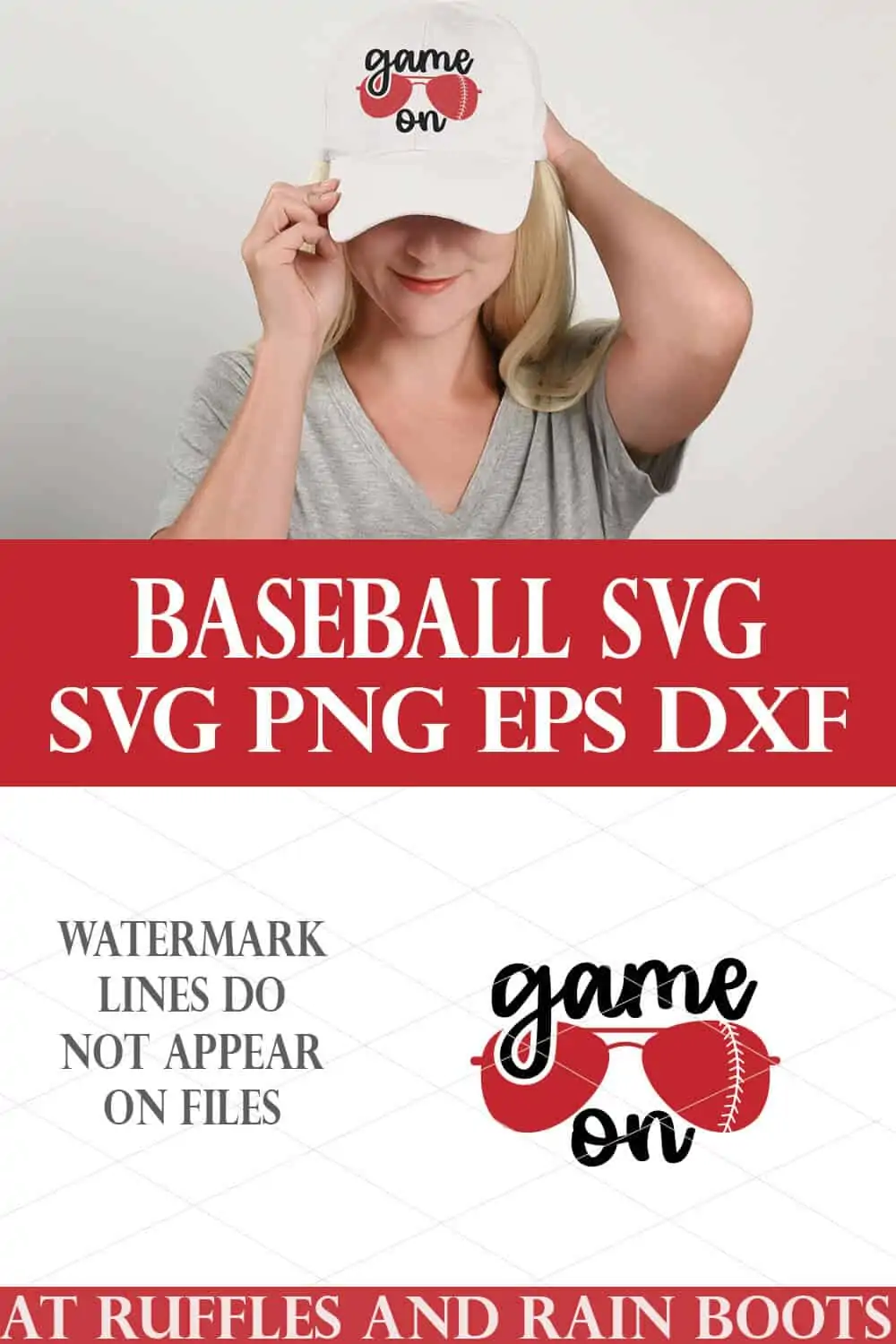 baseball game on svg in red and script lettering on white womans hat