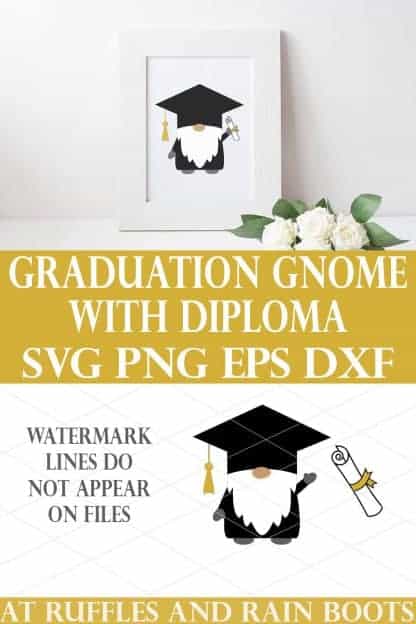 vertical collage of graduation gnome SVG in white frame holding a diploma