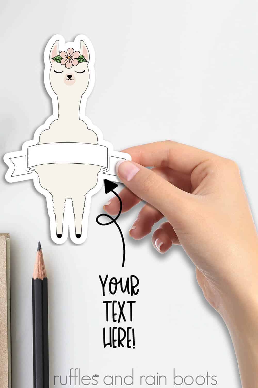 close up of woman holding llama sticker with floral crown and blank white banner with text which reads your text here