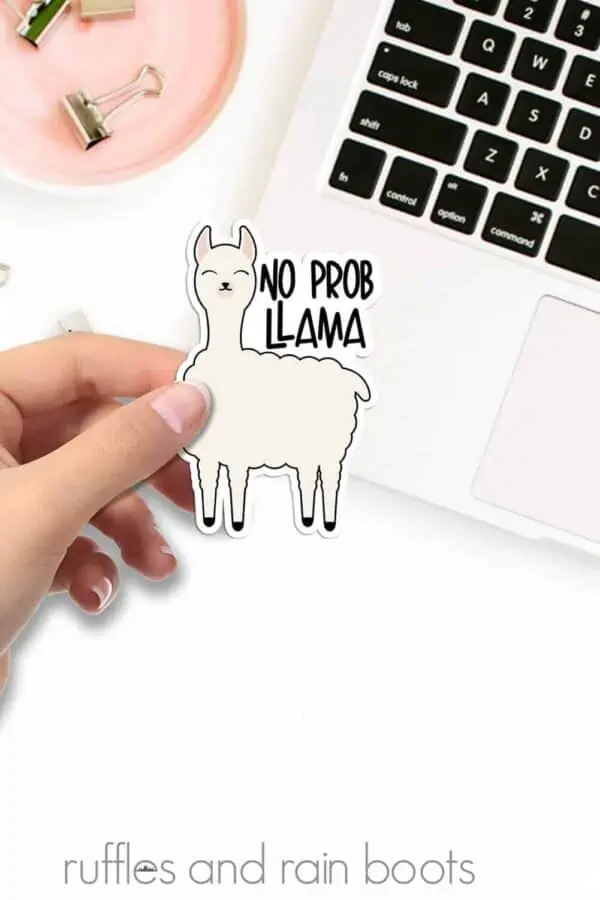 close up of no prob llama sticker held in hand over white desk with laptop and gold clips